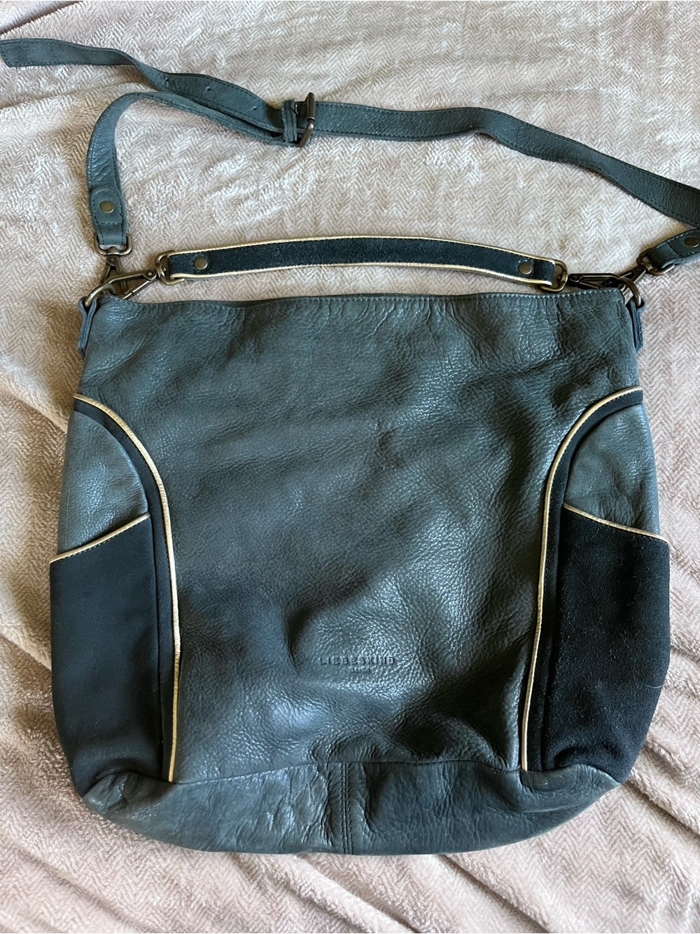 Liebeskind green suede gold trim Leather Satchel crossbody handbag